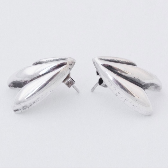 Vintage Sterling Silver Stud Earrings Ribbed Modernist Large Statement Studs - Picture 3 of 3